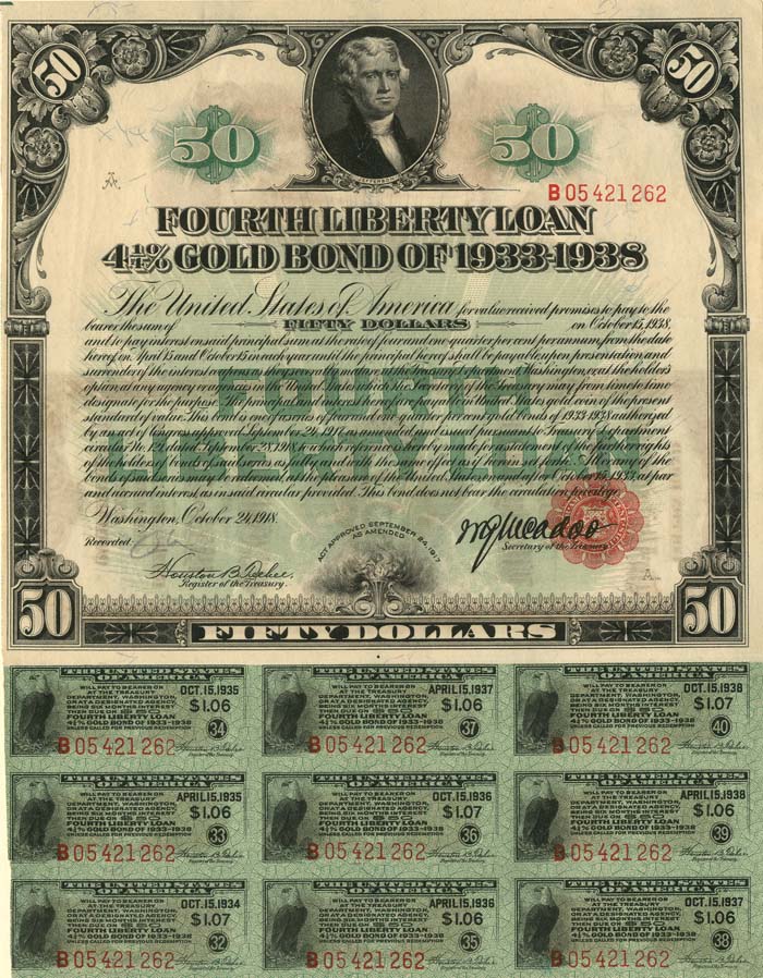 50 Dollar Fourth Liberty Loan Gold Bond of 1933-1938